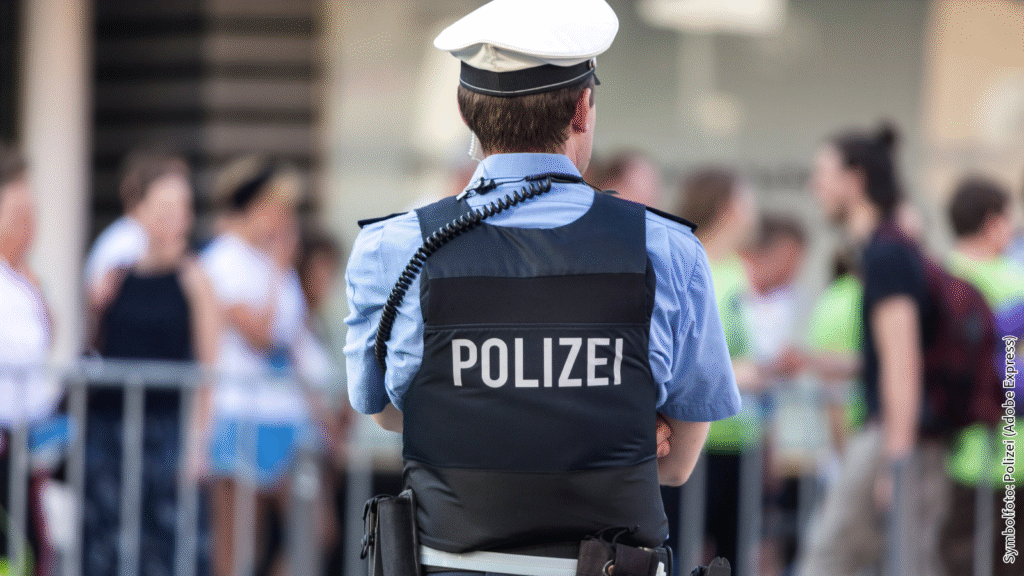 Polizist in Uniform überwacht eine Menschenmenge bei einer Veranstaltung. Sicherheit und Ordnung bei öffentlichen Versammlungen.