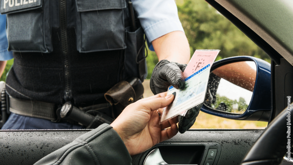 Polizeikontrolle, Fahrer übergibt Führerschein und Fahrzeugpapiere an Polizist durch Autofenster, Nahaufnahme.