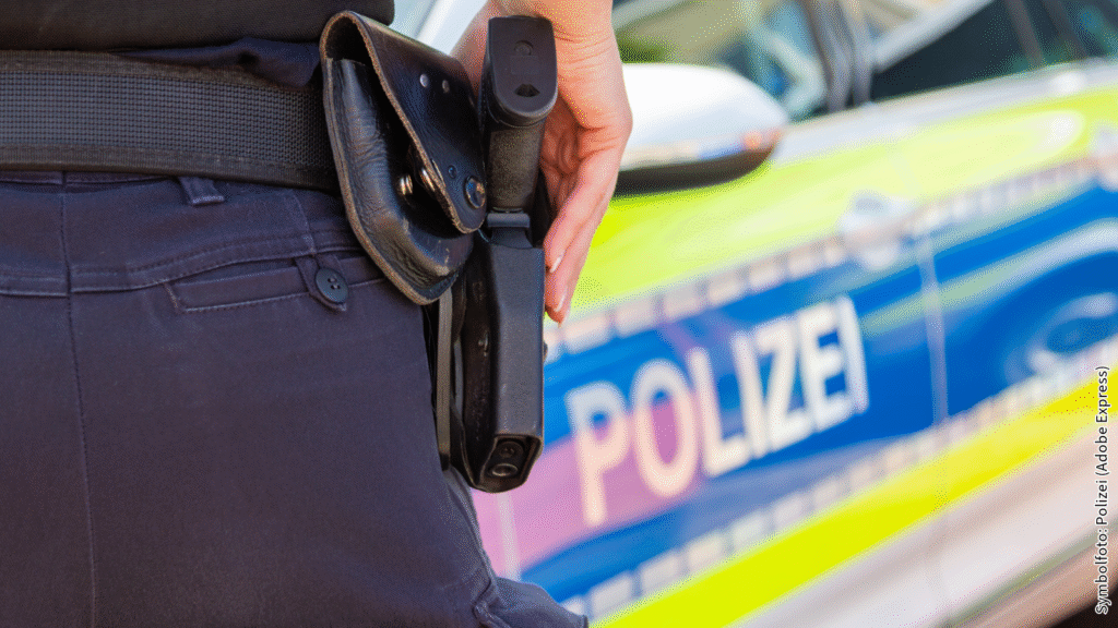 Polizist in Uniform mit Holster vor Polizeiauto, Fokus auf Sicherheitsausrüstung, symbolisch für deutsche Polizei.