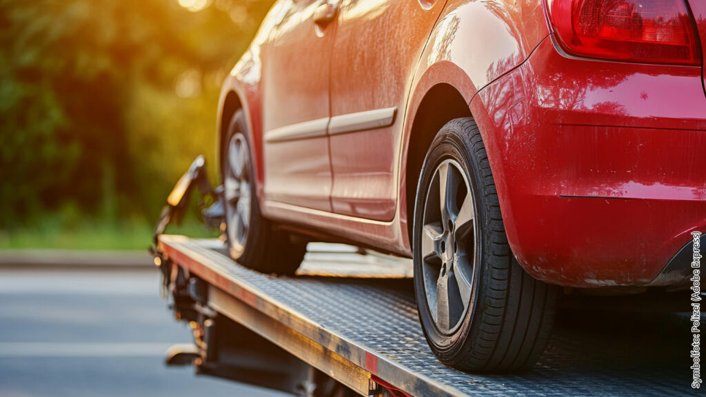 Rotes Auto wird auf Abschleppwagen transportiert, Sonnenuntergang im Hintergrund. Pannenhilfe im Einsatz.