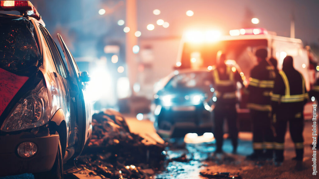 Autounfall in der Nacht, Einsatzfahrzeuge und Einsatzkräfte vor Ort.