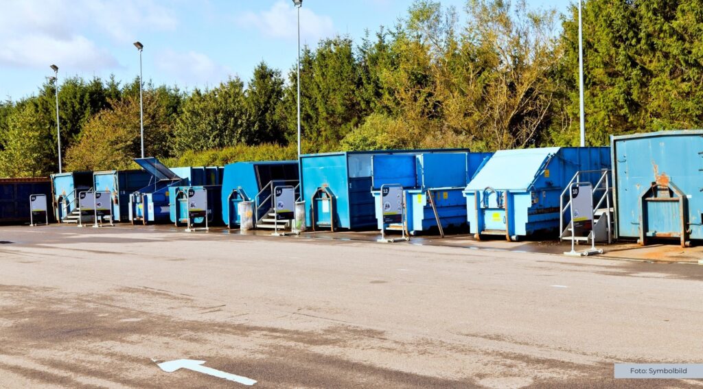Recyclinghof mit blauen Containern zur Mülltrennung, umgeben von Bäumen. Nachhaltigkeit und Abfallmanagement.