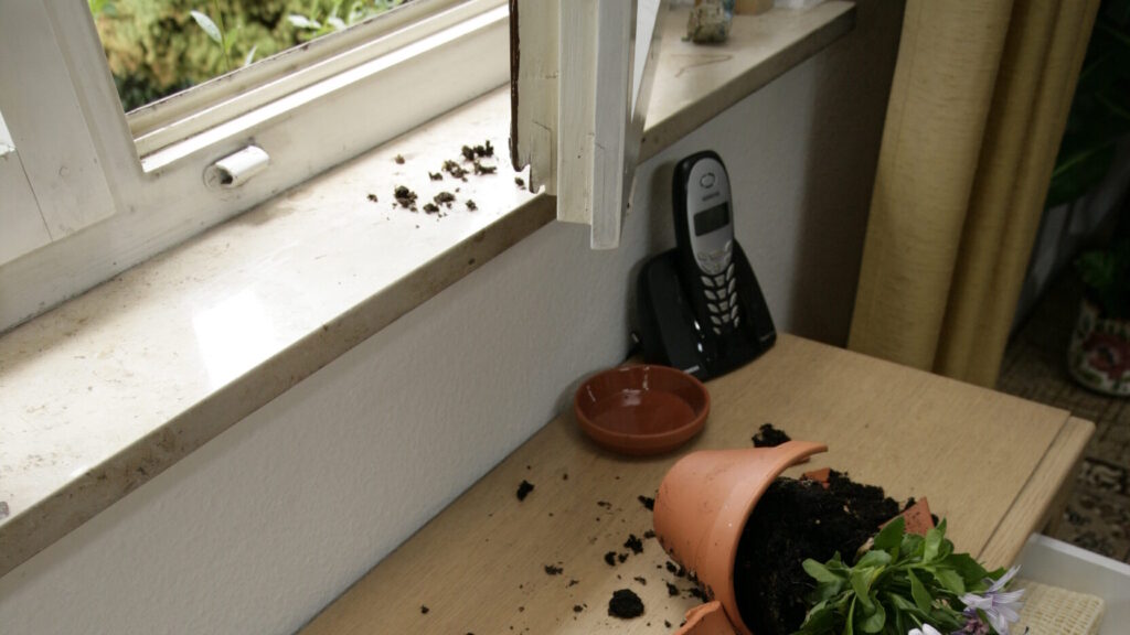 Umgekippter Blumentopf auf Tisch, Erde auf Fensterbank neben offenem Fenster, schwarzes Telefon im Hintergrund.