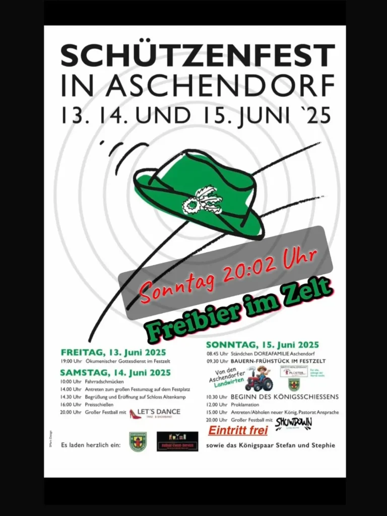 Aschendorf – Schützenfest mit Freibier und Festumzug vom 13. bis 15. Juni