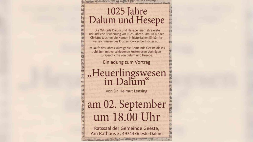 Geeste-Dalum: Vortrag zur Geschichte der Heuerleute am 2. September