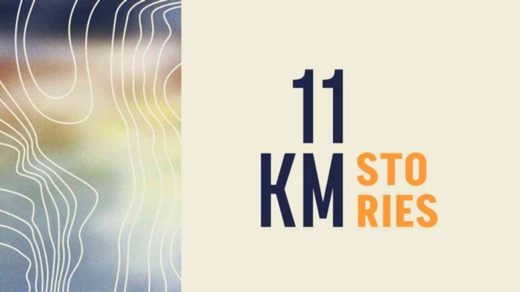 Abstrakte Liniengrafik mit Schriftzug '11 KM STORIES', moderner Stil, kreative Darstellung auf beigem Hintergrund.