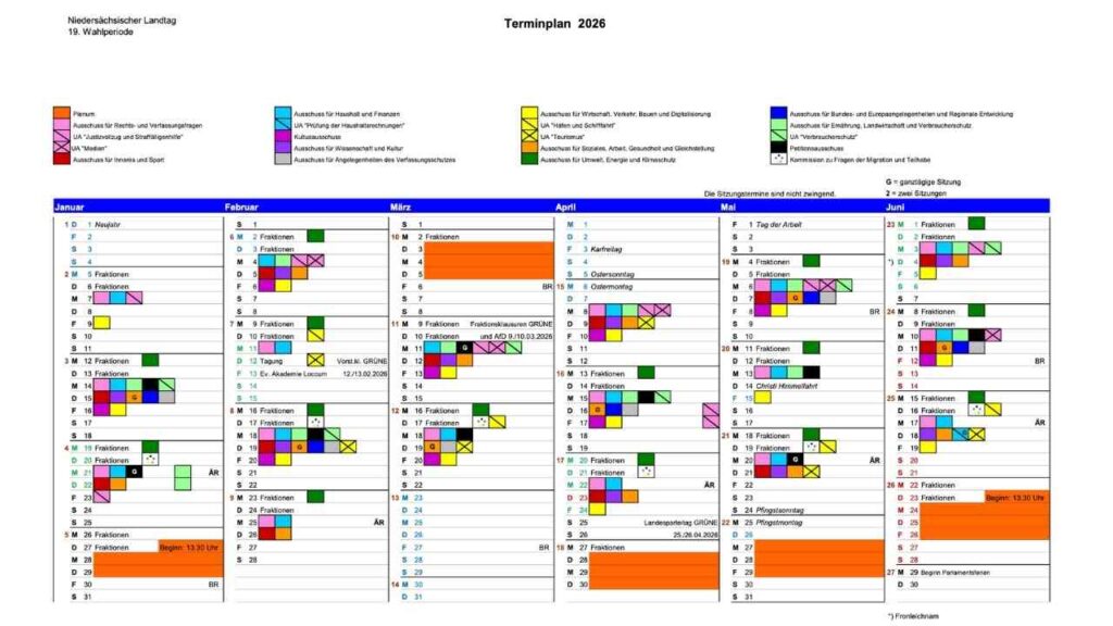 Landtag veröffentlicht Terminplan 2026 – Plenartage, Ausschüsse und politische Ereignisse im Überblick