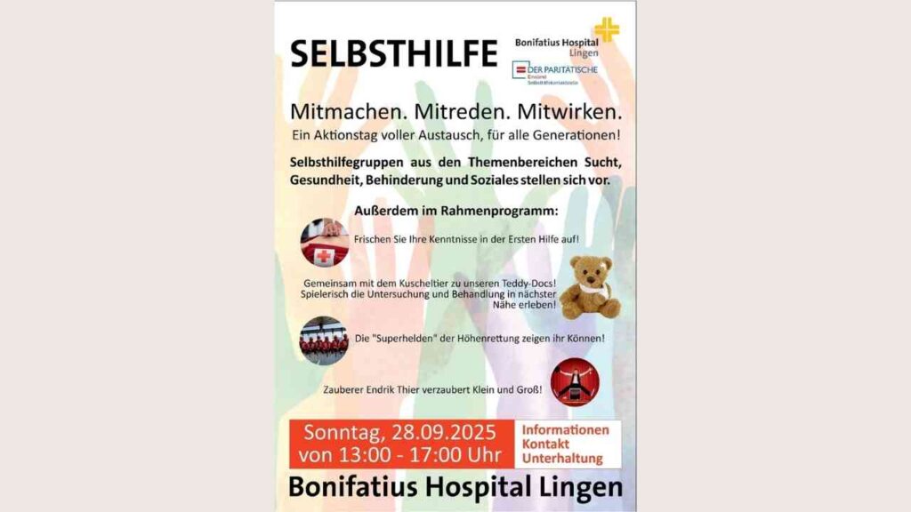 Flyer für Selbsthilfetag im Bonifatius Hospital Lingen am 28.09.2025 mit Programmen zu Gesundheit und Sozialem.