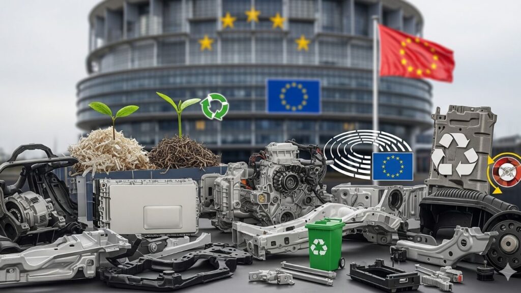 Recycling von Autoteilen vor EU- und China-Flaggen, symbolisiert Nachhaltigkeit und internationale Zusammenarbeit.