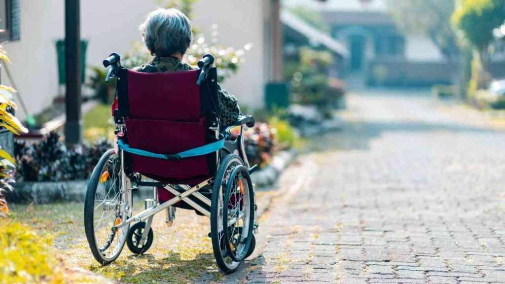 Ältere Person im Rollstuhl auf einem sonnigen Gehweg, umgeben von Natur, betrachtet die Umgebung.