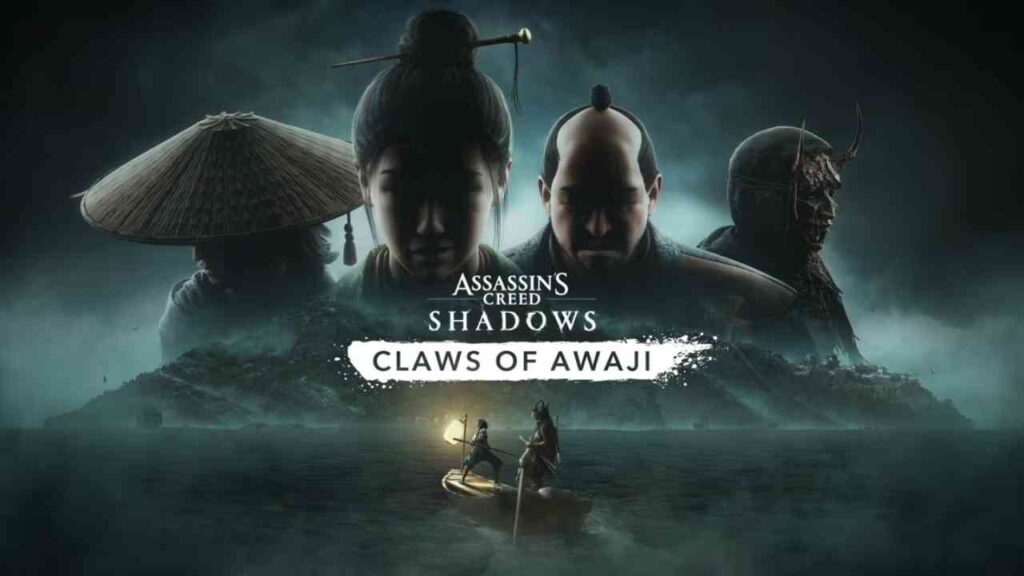 Assassin’s Creed Shadows: Claws of Awaji, Charaktere vor nebeliger Insel, Boot im Vordergrund.