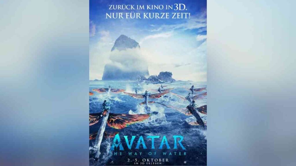 Filmplakat von Avatar: The Way of Water, zeigt Kreaturen im Ozean vor einer mystischen Insel im Hintergrund.