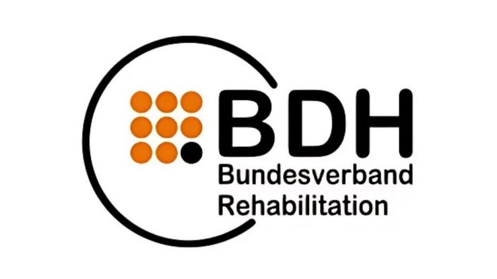 Logo des BDH Bundesverband Rehabilitation mit orangefarbenen Punkten und schwarzem Text.