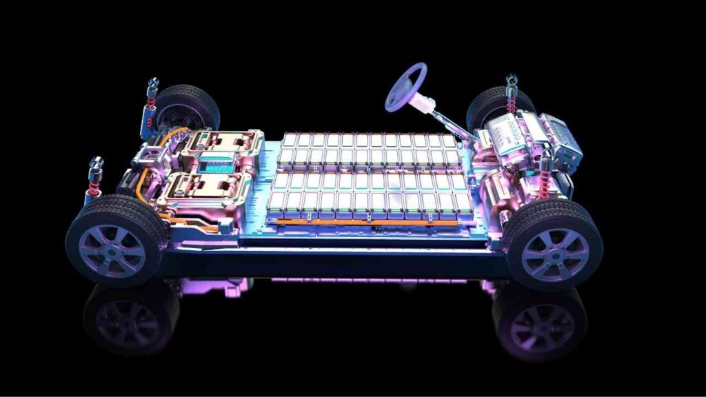 Fahrgestell eines Elektrofahrzeugs mit Batterie und Antriebseinheiten, futuristisches Design auf schwarzem Hintergrund.