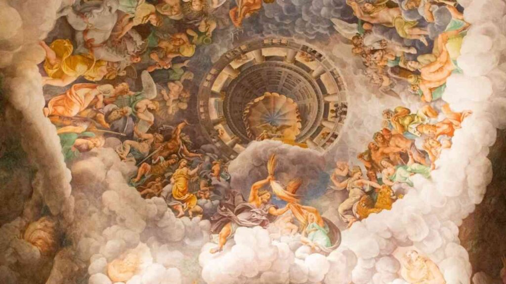 Fresco-Gemälde an einer Decke mit himmlischen und mythologischen Figuren, umgeben von Wolken und himmlischer Architektur.