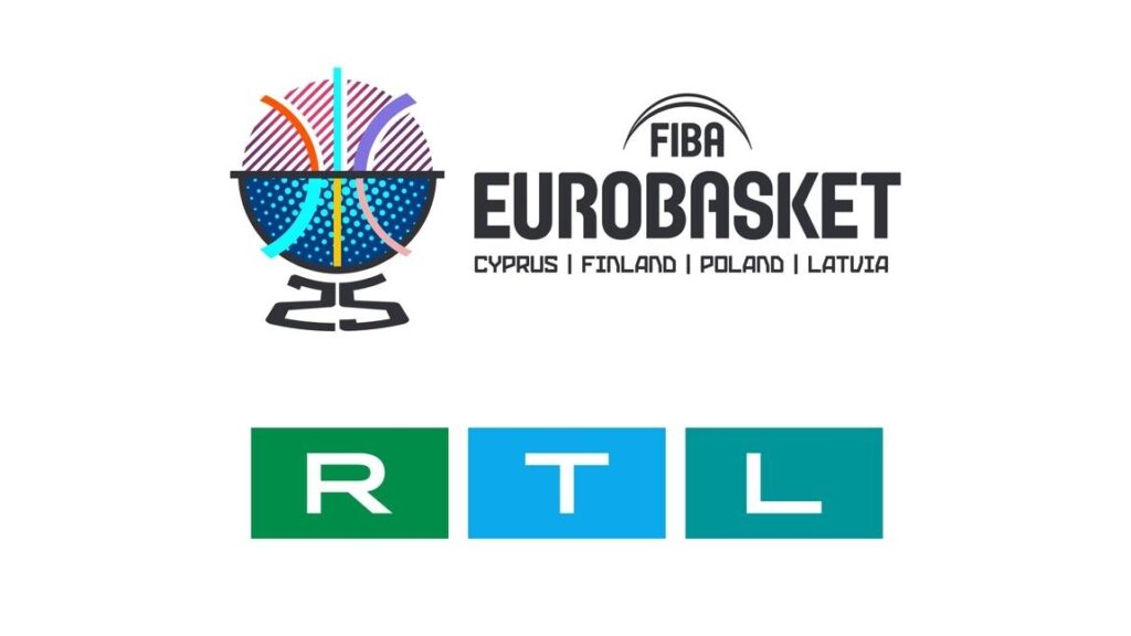FIBA EuroBasket 2025 Logo mit Austragungsländern Zypern, Finnland, Polen, Lettland; RTL-Logo darunter.