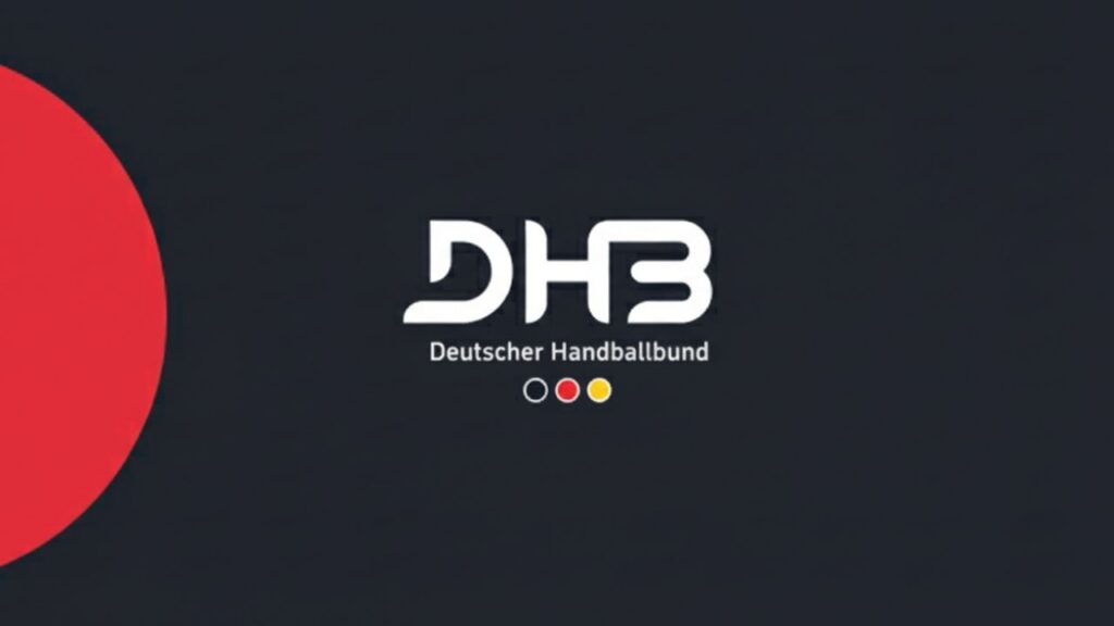 Logo des Deutschen Handballbundes mit DHB-Initialen in Weiß auf dunklem Hintergrund, unterstrichen von Deutschlandfarben.
