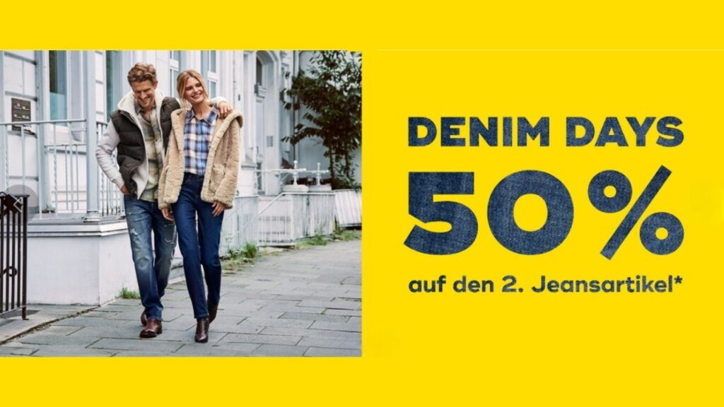 Paar in Jeans spaziert, vor gelbem Hintergrund, bewirbt Denim Days mit 50% Rabatt auf den zweiten Jeansartikel.