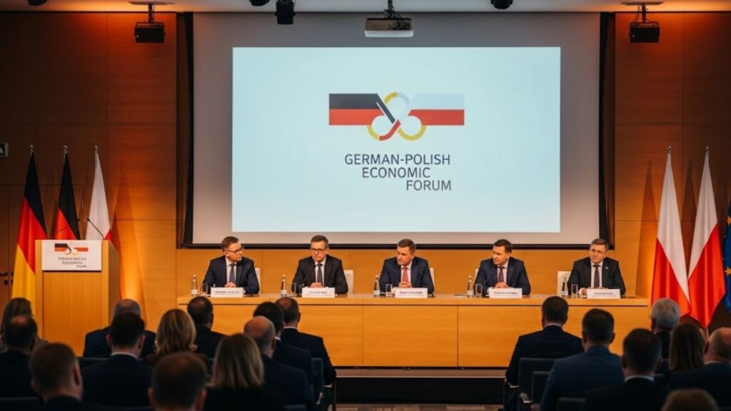 Podiumsdiskussion beim deutsch-polnischen Wirtschaftsforum mit fünf Sprechern und Zuschauer im Konferenzsaal.