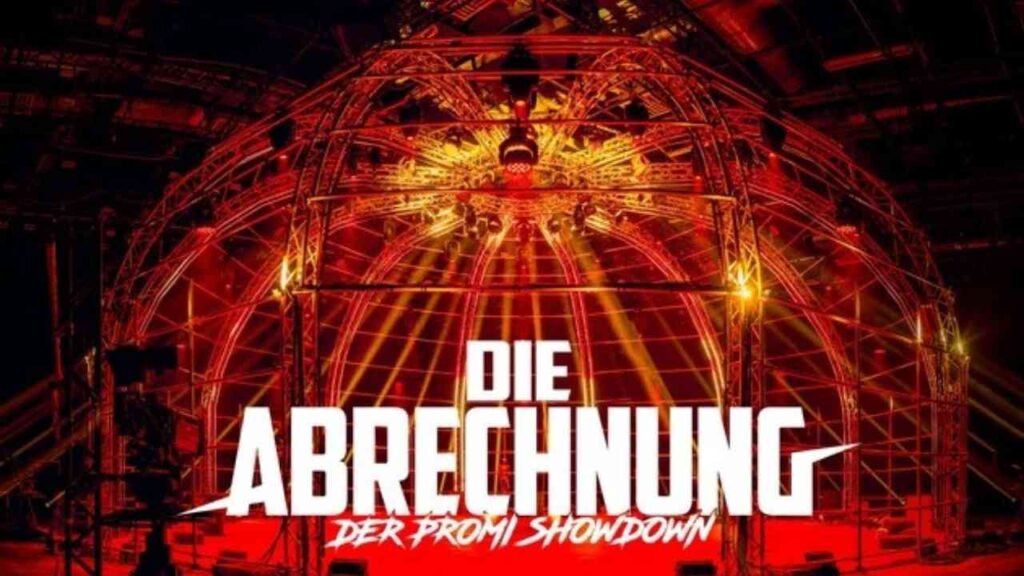 Rote Bühnenshow mit Lichteffekten und Aufbau für Die Abrechnung: Der Promi Showdown.