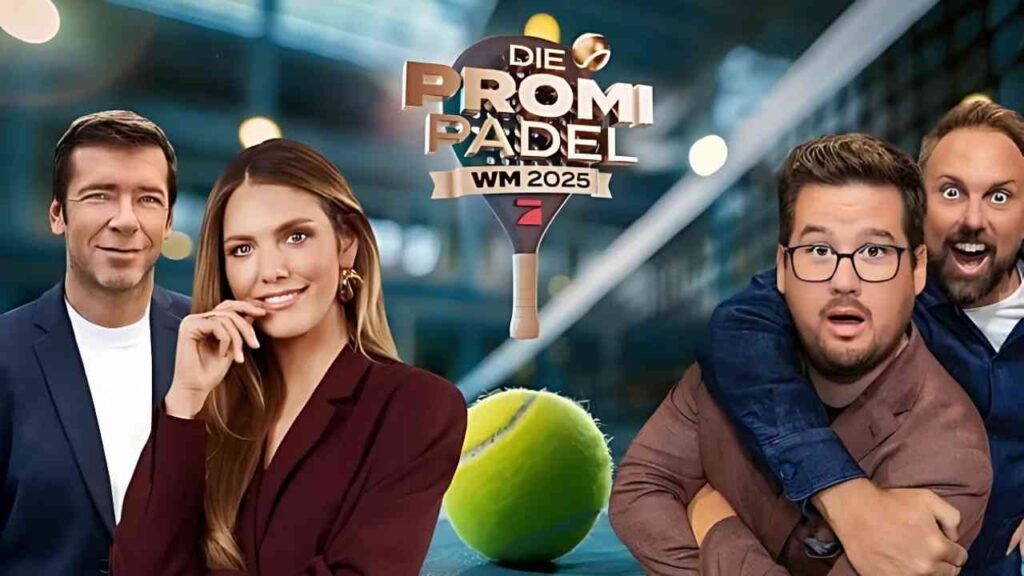 Promi Padel Weltmeisterschaft 2025 Poster mit vier Personen und einem Paddelschläger im Hintergrund.