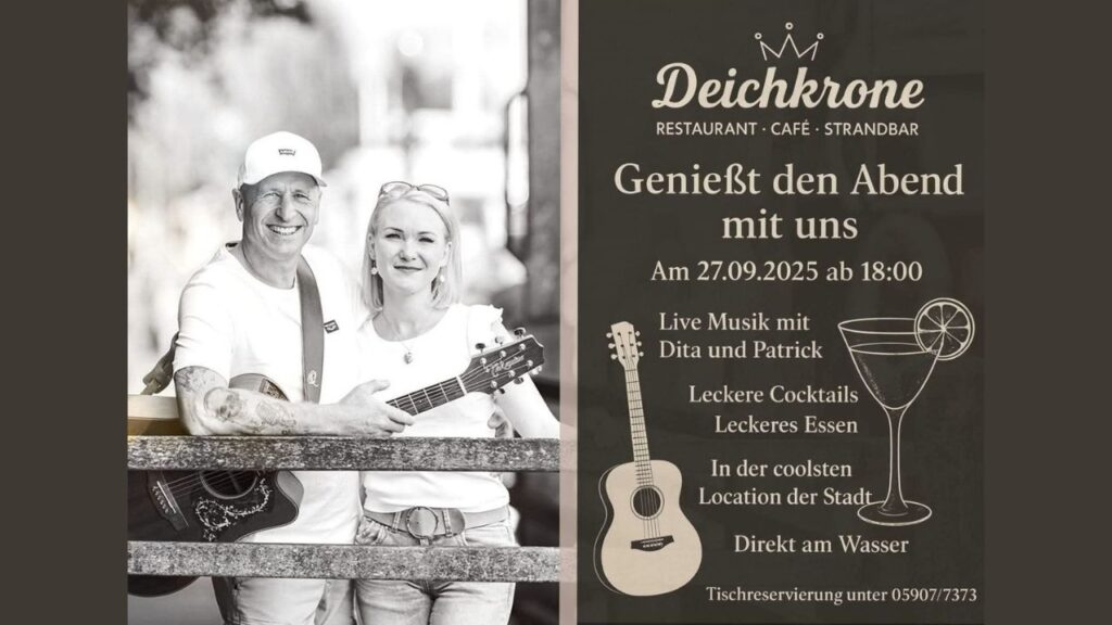 Paar mit Gitarre wirbt für Konzert am 27.09.2025 im Deichkrone Restaurant mit Live-Musik, Cocktails und Essen am Wasser.