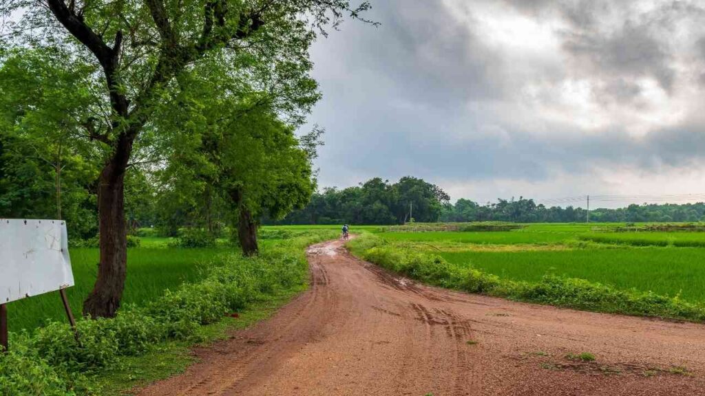 Feldweg durch grüne Landschaft mit Wolken, Bäumen und einem Radfahrer in der Ferne an einem bewölkten Tag.