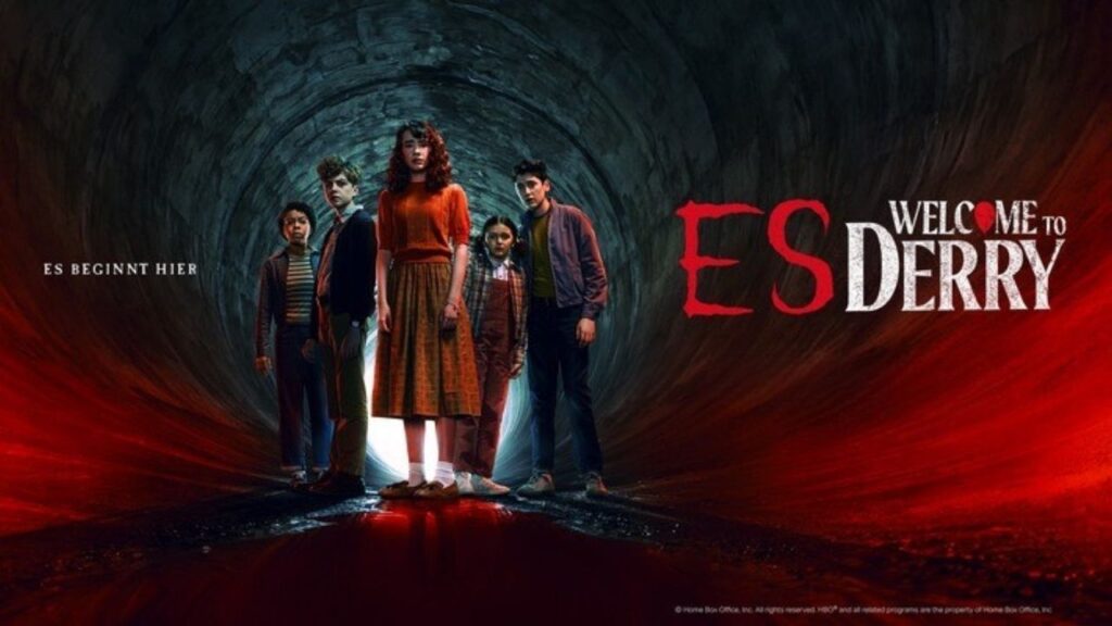Poster der Serie ES: Welcome to Derry mit fünf Personen im Abwasserkanal und unheimlicher Atmosphäre.