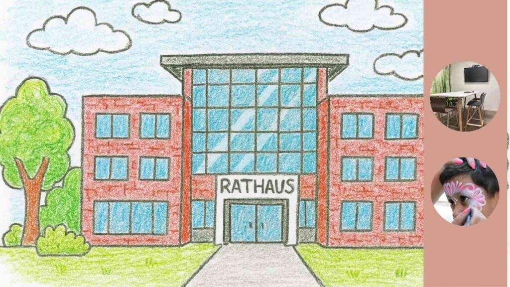 Zeichnung eines Rathauses mit rotem Ziegelbau und blauem Himmel, Baum im Vordergrund. Links: Büroraum, rechts: Kinderschminken.