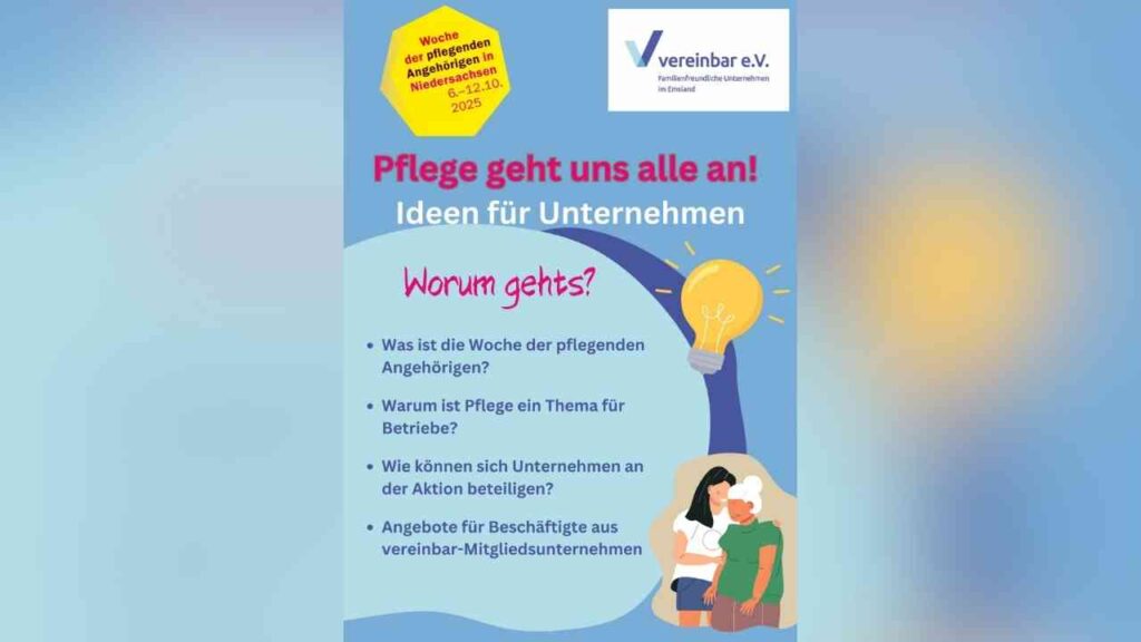 Plakat zur Woche der pflegenden Angehörigen in Niedersachsen 2025, mit Infos und Ideen für Unternehmen zur Unterstützung.