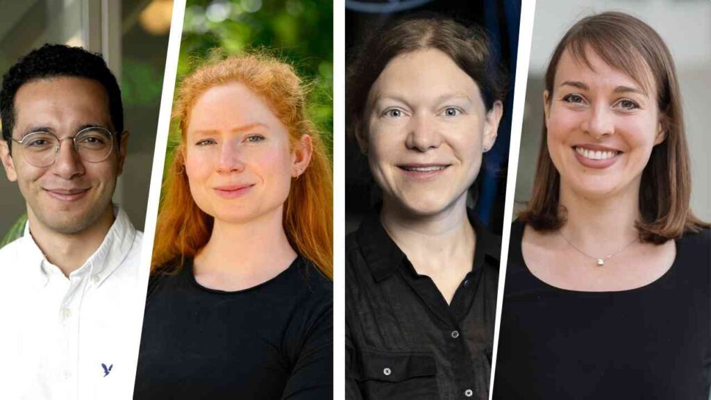 Vier Menschen lächeln in die Kamera, Gruppenfoto, diverse Hintergründe, freundliche Ausstrahlung.