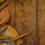 Herbstliche Szene mit trockenen Blättern und Geweih auf rustikalem Holzhintergrund. Perfekt für saisonale Dekorationen.