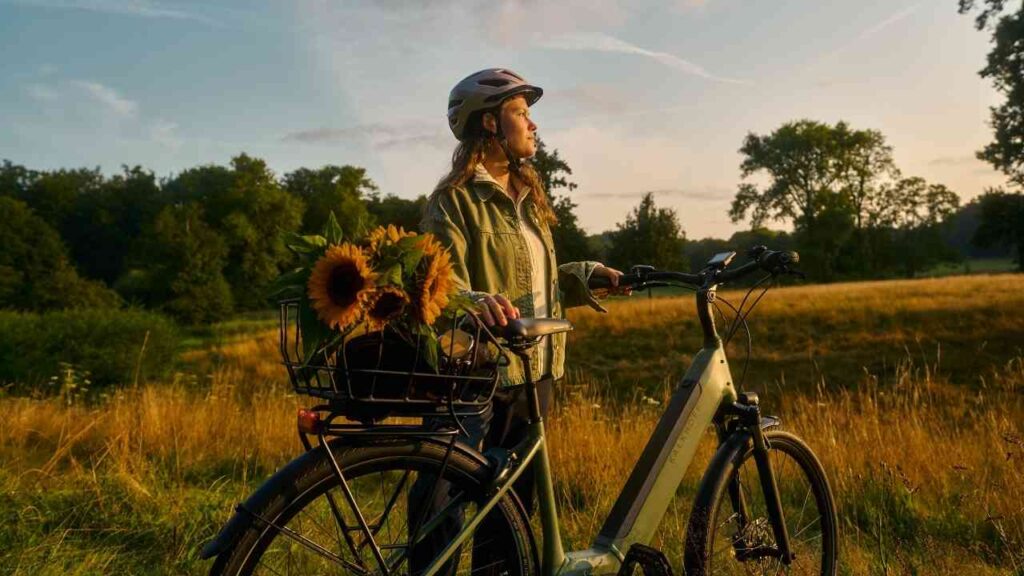 Frau mit Fahrrad und Sonnenblumen im Korb genießt den Sonnenuntergang auf einem Feldweg.
