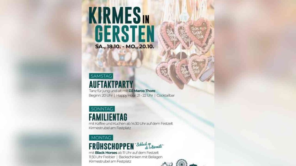Plakat für die Kirmes in Gersten, mit Programmpunkten: Auftaktparty, Familientag, Frühschoppen, 18.-20.10.