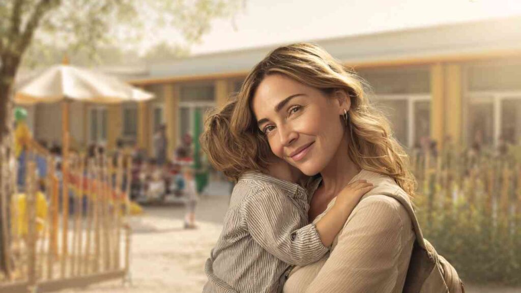 Mutter mit Kind auf dem Arm vor einem sonnigen Kita-Gebäude, lächelnd und geborgen Mitte des Spielplatzes.