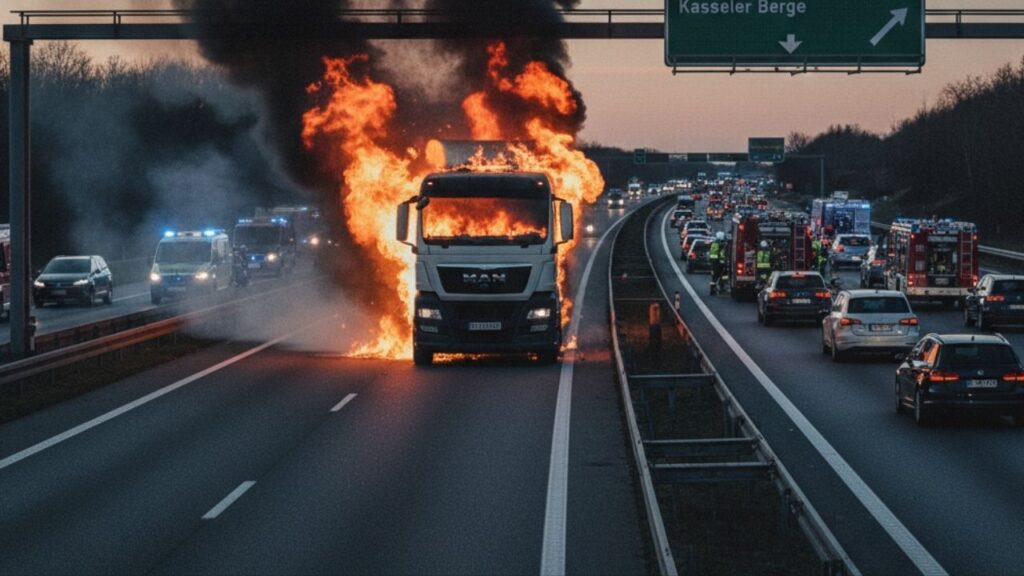 LKW-Brand auf Autobahn nahe Kasseler Berge, Feuerwehr und Polizei im Einsatz, dichter Verkehr im Hintergrund.