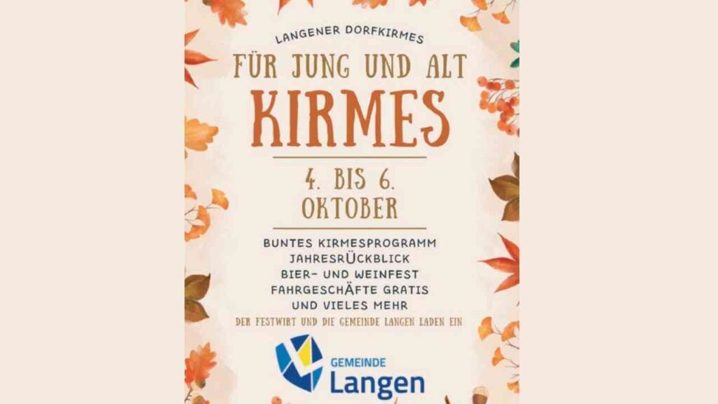 Kirmes Langen Plakat: Fest vom 4.-6. Oktober mit Fahrgeschäften, Bierfest und mehr für Jung und Alt.