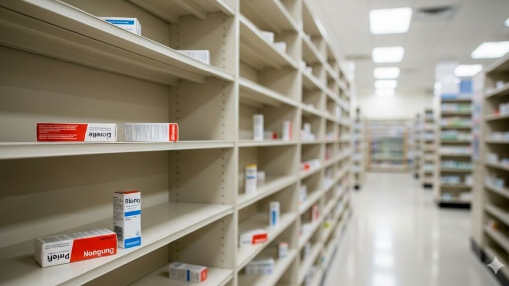 Leere Medikamentenregale in einer Apotheke zeigen Knappheit an, wenige Arzneimittelpackungen übrig.