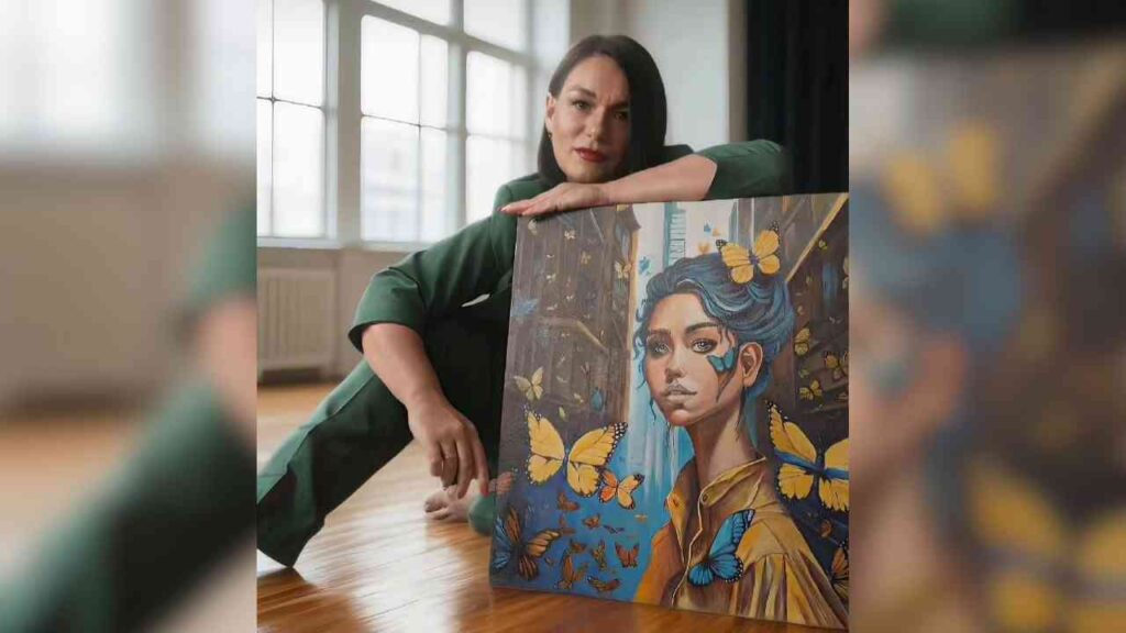 Künstlerin präsentiert Gemälde mit Frau und Schmetterlingen in urbaner Kulisse, harmonische Farben, moderner Kunststil.