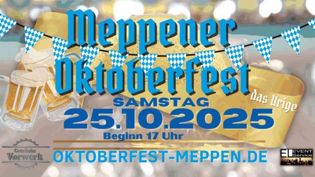 Einladung zum Meppener Oktoberfest 2025 am 25. Oktober. Gemütliche Atmosphäre mit Bierkrügen, Beginn um 17 Uhr.