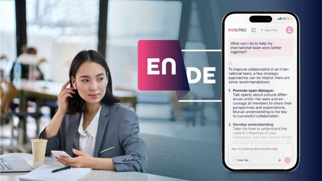 Frau im Büro mit Smartphone und Notizen, übersetzt mit App zwischen Englisch und Deutsch auf Smartphone-Bildschirm.