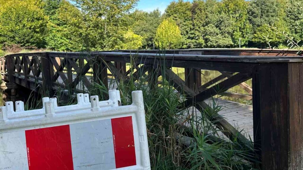 Holzbrücke mit Sperrbarriere, umgeben von grünen Bäumen, an einem sonnigen Tag.