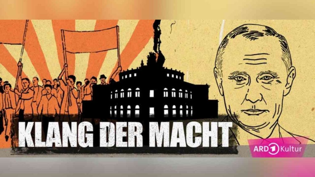 Illustration von Protesten und Machtstrukturen mit dem Titel Klang der Macht, präsentiert von ARD Kultur.