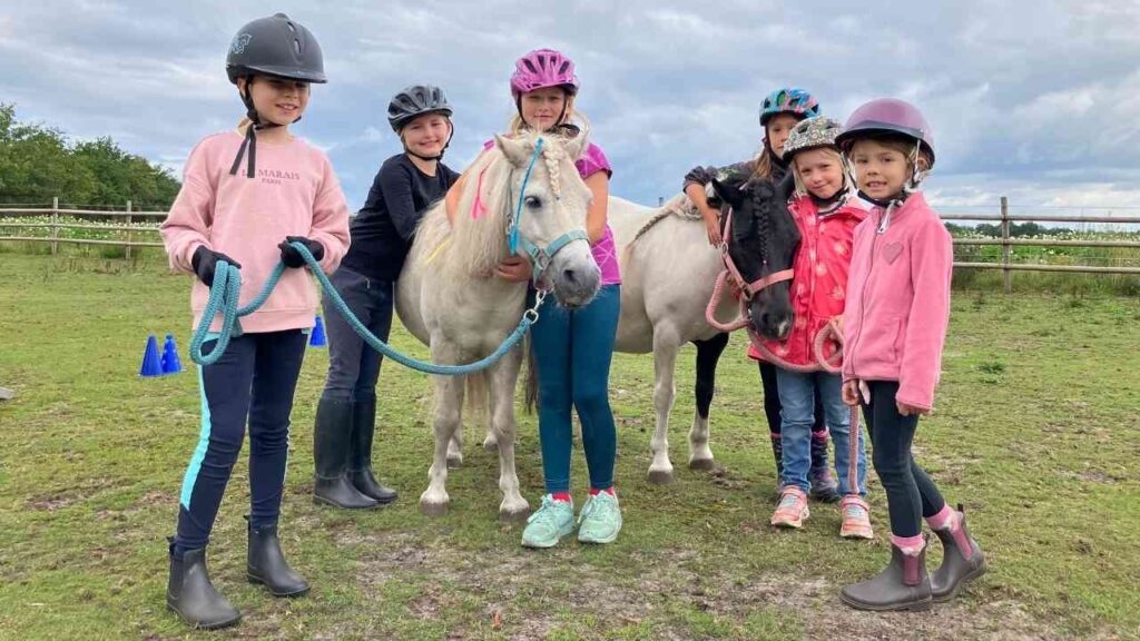 Kinder mit Helmen stehen neben Ponys auf einer Weide, umgeben von grüner Landschaft und blauem Himmel.