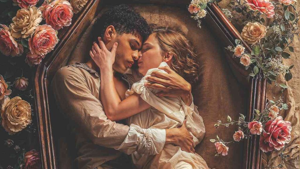 Paar umarmt sich liebevoll in einem Bett aus Rosen, umgeben von romantischer Blumenpracht.