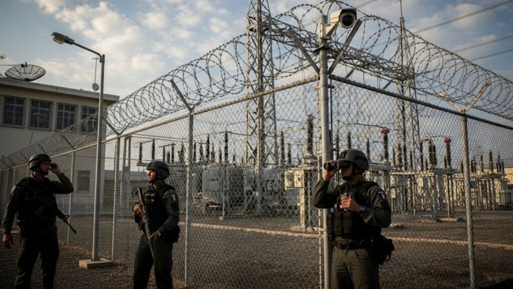 Sicherheitskräfte patrouillieren an einem umzäunten Umspannwerk, überwacht von Kameras und mit Stacheldraht geschützt.