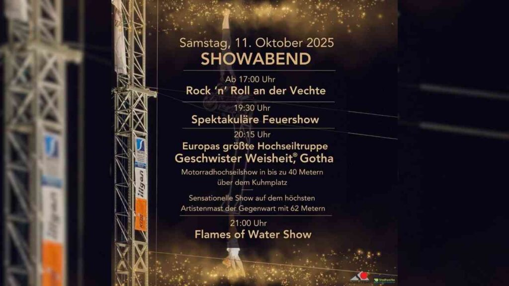 Plakat für Showabend am 11. Oktober 2025 mit Rock, Feuershow und Hochseiltruppe auf dem Kohlmarkt, Göttingen.
