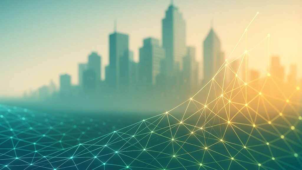 Abstrakte Skyline mit digitalem Netzwerk, grünen und gelben Verbindungen, symbolisiert moderne Stadttechnologie.