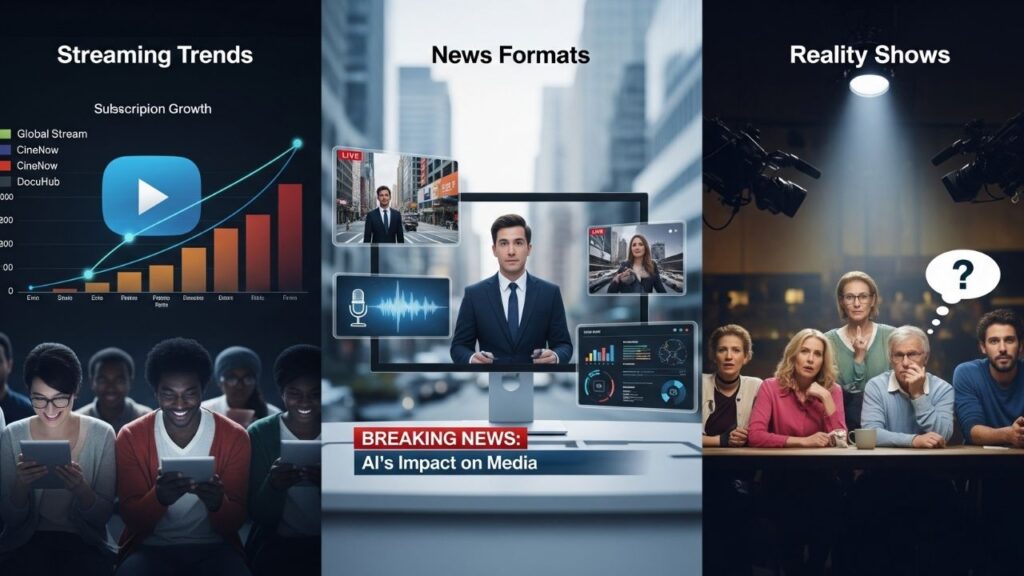 Streaming-Trends, Nachrichtenformate und Reality-Shows: Grafik zur Medienentwicklung durch KI-Einfluss.