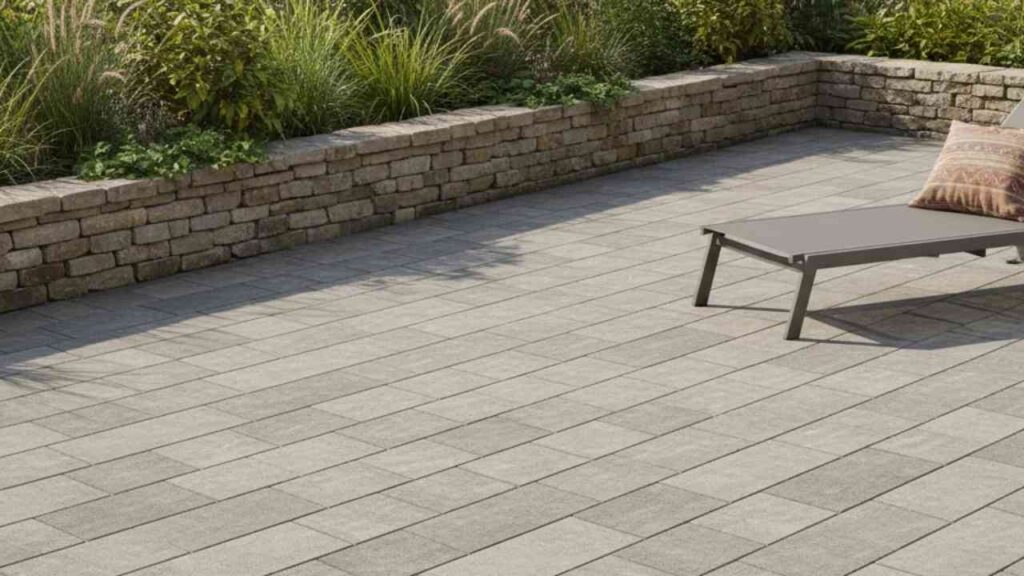 Moderne Terrasse mit grauen Fliesen und Liege, umgeben von Hochbeet mit Pflanzen und Steinen. Ideal für Entspannung im Freien.